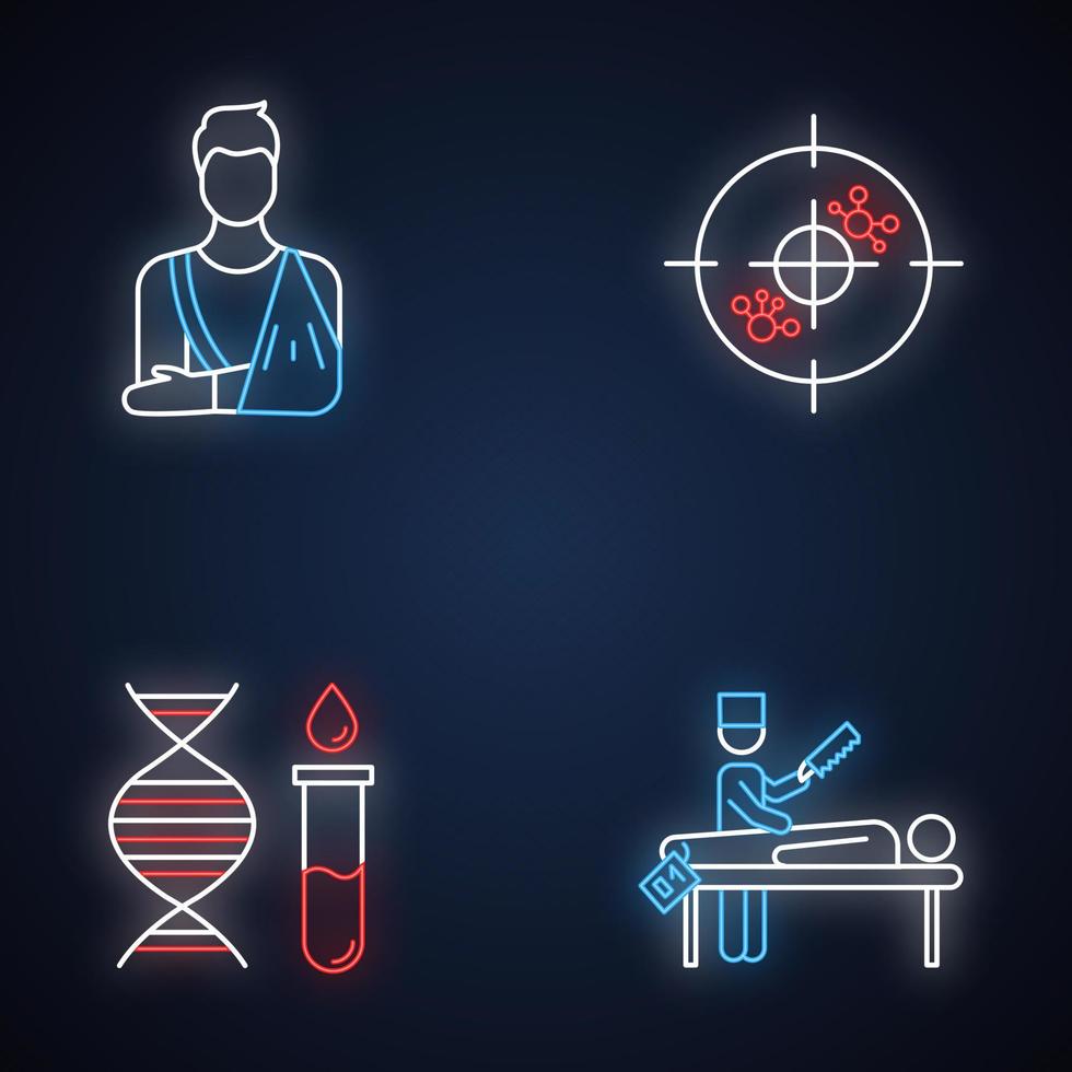 set di icone di luce al neon procedura medica. gesso ortopedico. aiuto osseo fratturato. immunoterapia. test genetico. elica del DNA e molecole. diagnosi autoptica. segni luminosi. illustrazioni vettoriali isolate