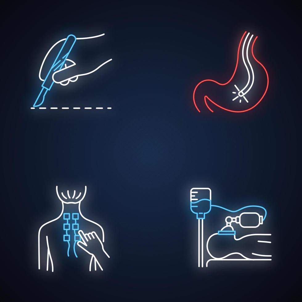 set di icone di luce al neon procedura medica. chirurgia. endoscopia e gastroscopia. apparato digerente, controllo dello stomaco. fisioterapia. anestesia. aiuto clinico. segni luminosi. illustrazioni vettoriali isolate