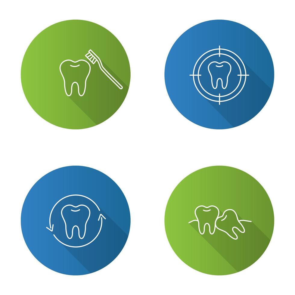 odontoiatria piatta lineare lunga ombra icone impostate. stomatologia. lavarsi i denti, mirare al dente, restauro dentale, denti storti. illustrazione di contorno vettoriale