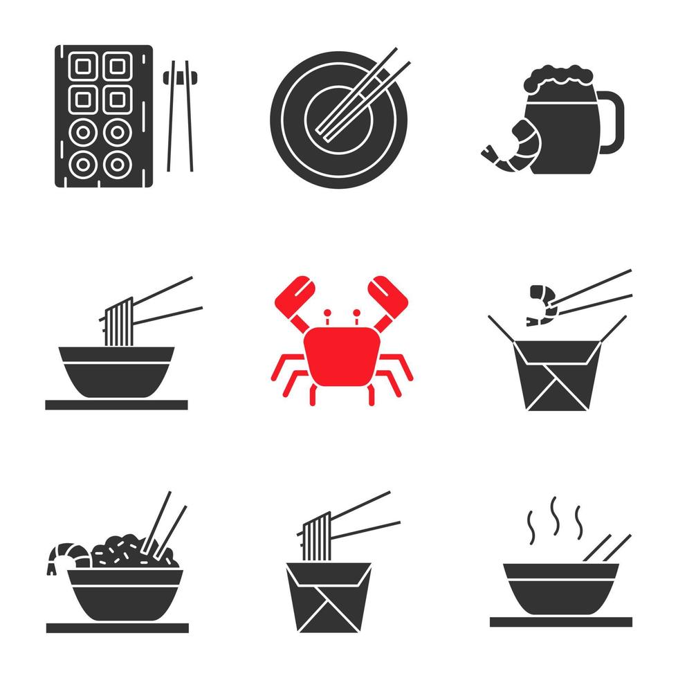 set di icone glifo cibo cinese. sushi, noodles, ramen, riso fritto con bacchette di mare, birra, granchio. simboli di sagoma. illustrazione vettoriale isolato