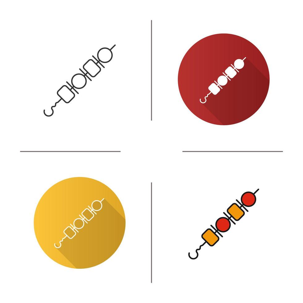 icona di shish kebab. design piatto, stili lineari e di colore. shashlik. spiedini di maiale e verdure. illustrazioni vettoriali isolate