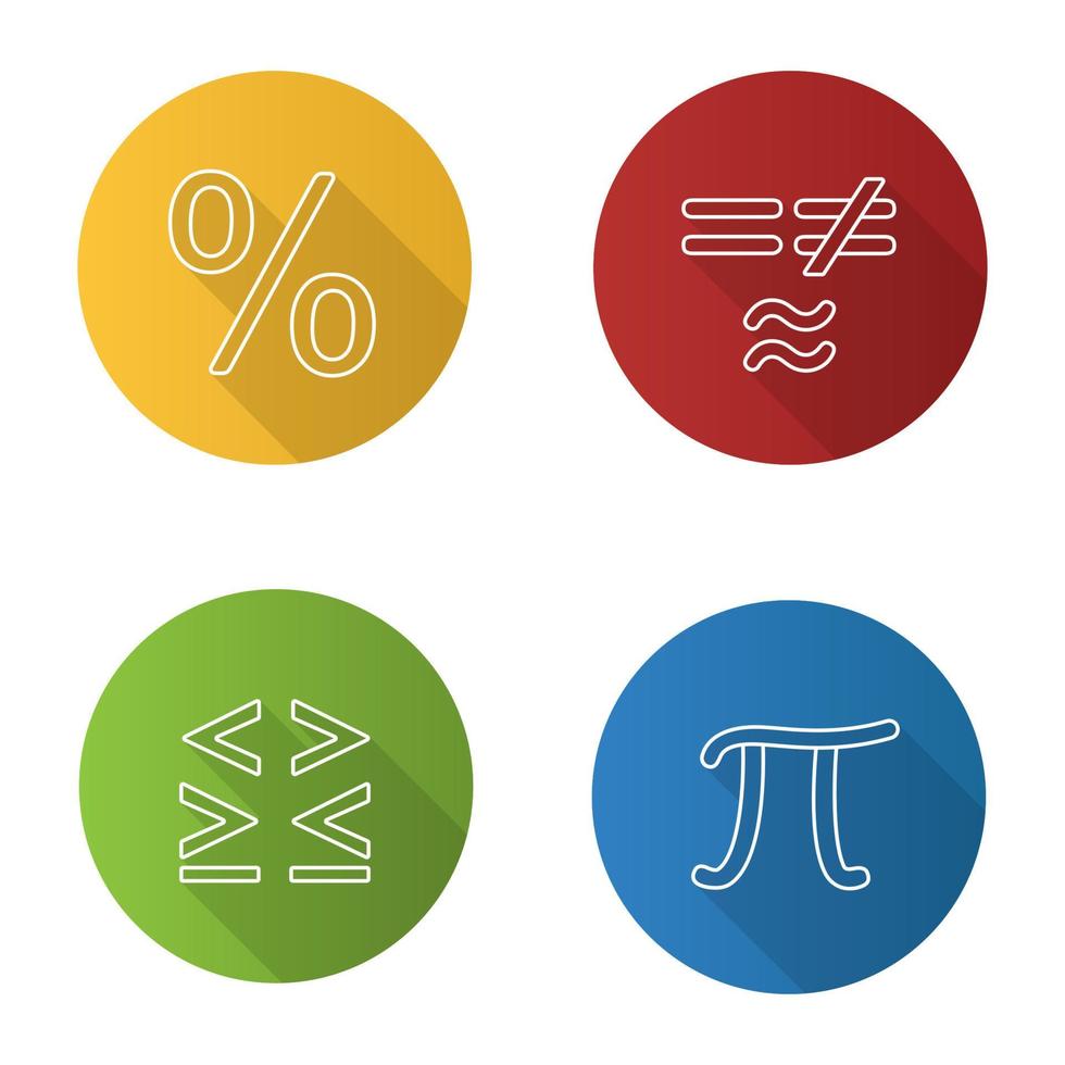 set di icone di matematica lineare piatta lunga ombra. Segni pi greco, percentuale, uguaglianza e diseguaglianza. illustrazione di contorno vettoriale