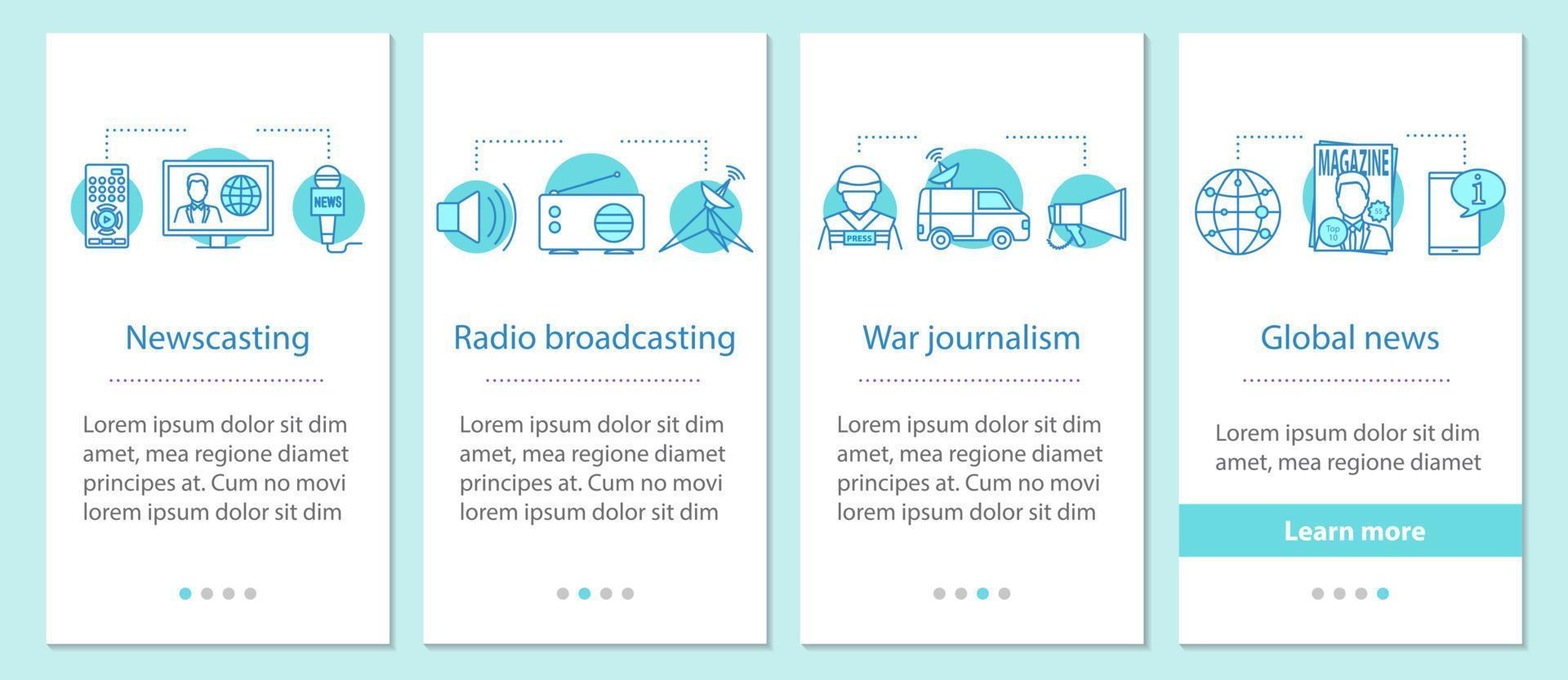 schermata della pagina dell'app mobile di onboarding delle notizie con concetti lineari. notiziari, trasmissioni radiofoniche, giornalismo di guerra, istruzioni grafiche di passaggi di notizie globali. ux, ui, gui modello vettoriale con illustrazioni