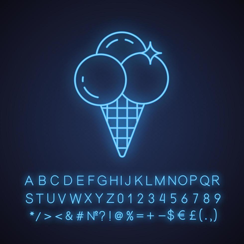 icona della luce al neon del gelato. palline di gelato in cono di cialda. segno luminoso con alfabeto, numeri e simboli. illustrazione vettoriale isolato