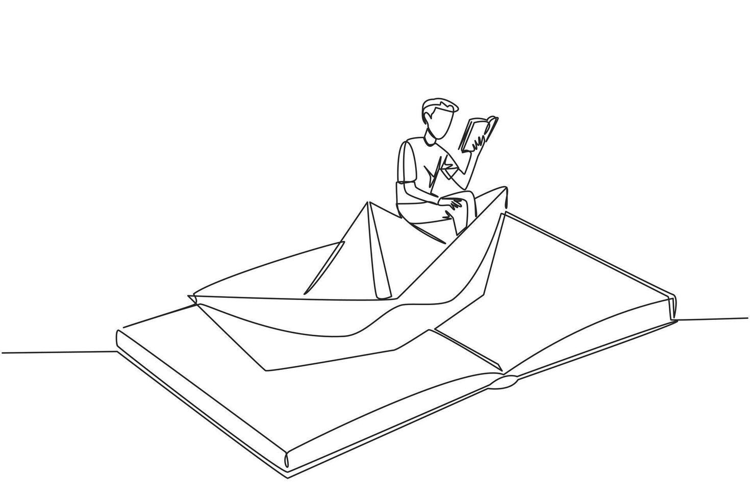 continuo uno linea disegno uomo lettura un' libro su un' carta barca. mantenere il bene abitudini. il metafora di lettura può Esplorare oceani. libro Festival concetto. singolo linea disegnare design illustrazione vettore