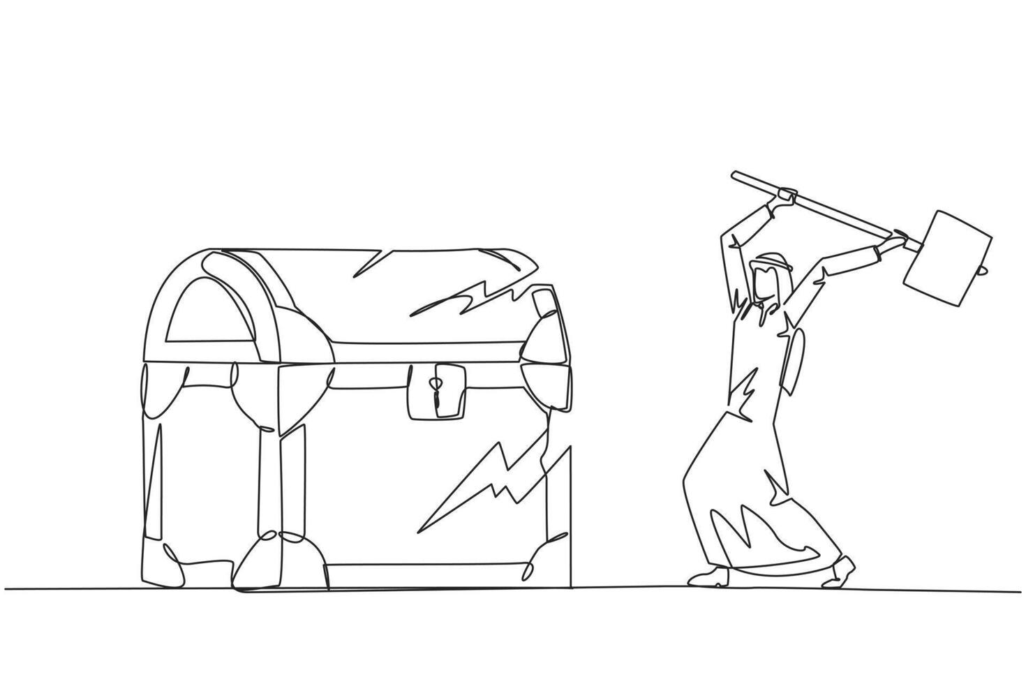 singolo uno linea disegno arabo uomo d'affari preparazione per colpire grande Tesoro il petto. furia. in esecuzione su di capitale. rubare. fare sporco attività commerciale. non lodevole. continuo linea design grafico illustrazione vettore