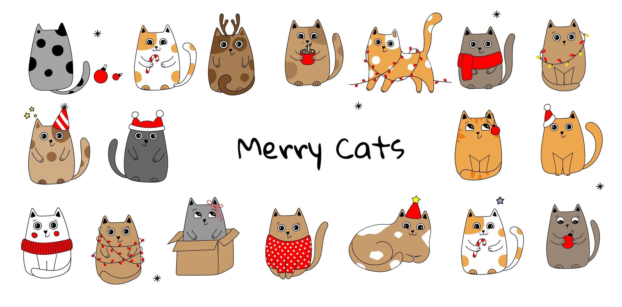 collezione di gatti di natale. buon natale illustrazioni di simpatici gatti con accessori vettore