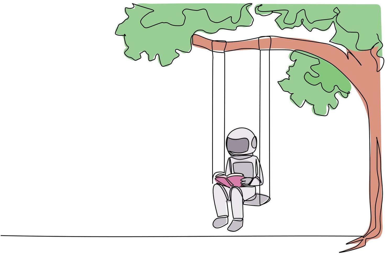 singolo uno linea disegno astronauta seduta su un' swing allegato per un' albero ombreggiato lettura un' libro. veramente goduto il trama di il finzione libro. fa relax. continuo linea design grafico illustrazione vettore
