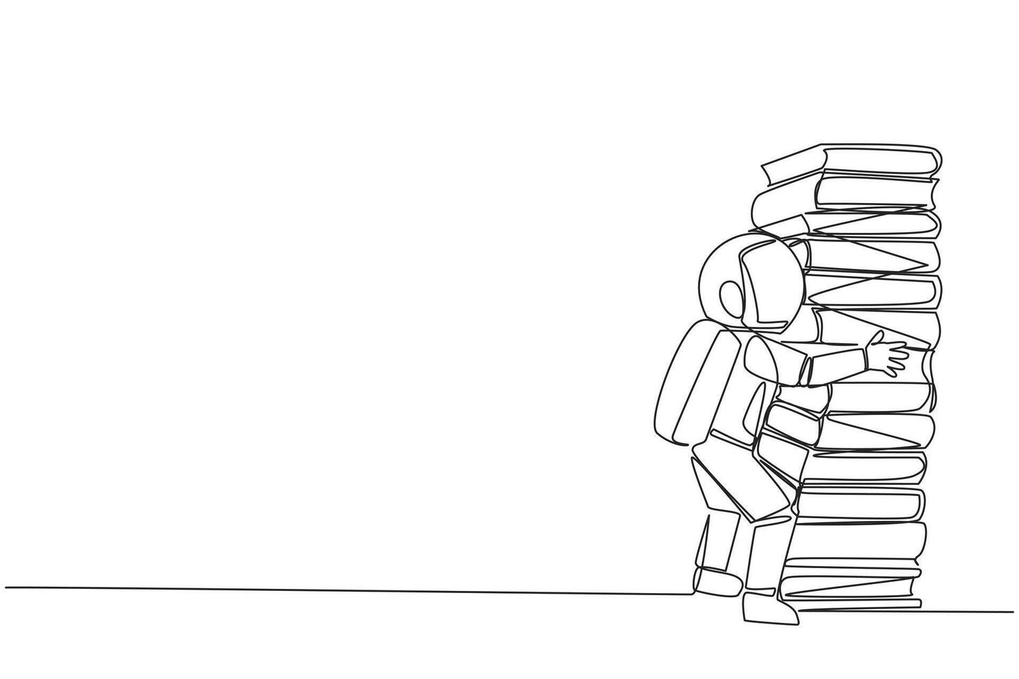 singolo uno linea disegno giovane astronauta abbracciare molto alto mucchio di libri. passatempo per raccolta e lettura libri. Riempimento gratuito tempo con utile le cose. leggere. continuo linea design grafico illustrazione vettore