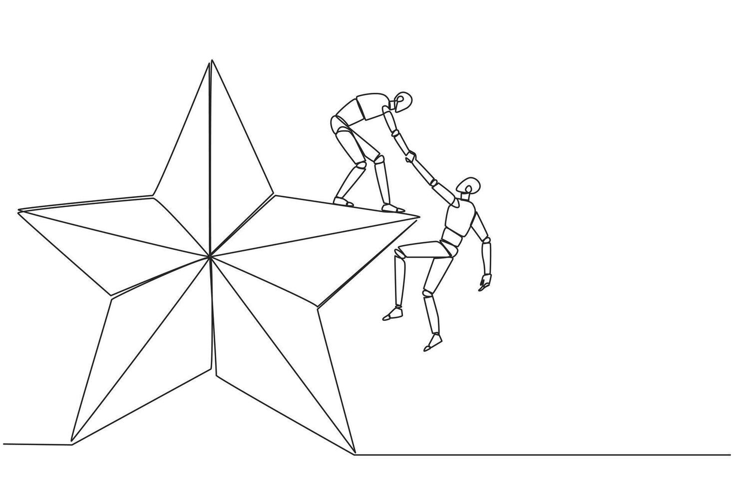 continuo uno linea disegno inteligente robot aiuta collega scalata grande stella. metafora di raggiungimento sogni di successo insieme. avere un' molto bene carriera posizione. singolo linea disegnare design illustrazione vettore