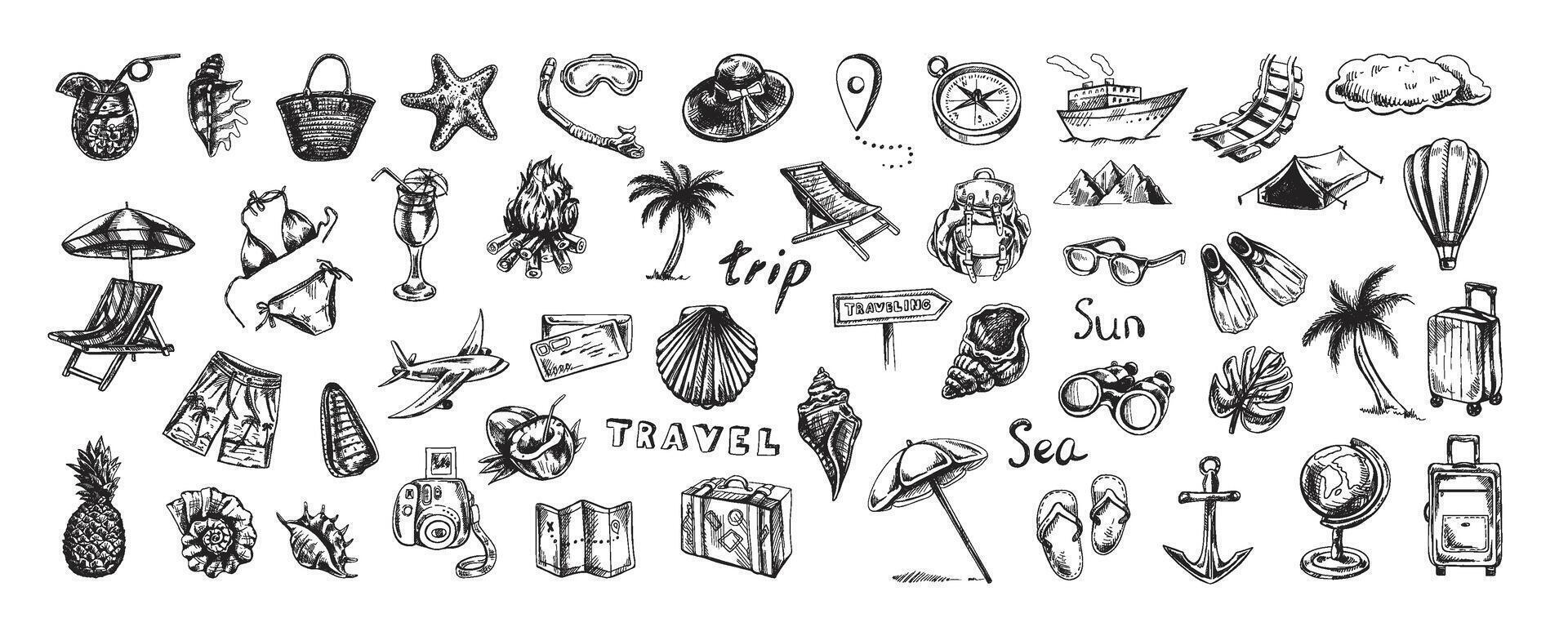 un' impostato di disegnato a mano schizzi con immagini di viaggio. badge per turismo e campeggio. un' clipart con elementi di viaggiare, borse, trasporto, carta geografica, palma albero, conchiglie, bikini. vettore