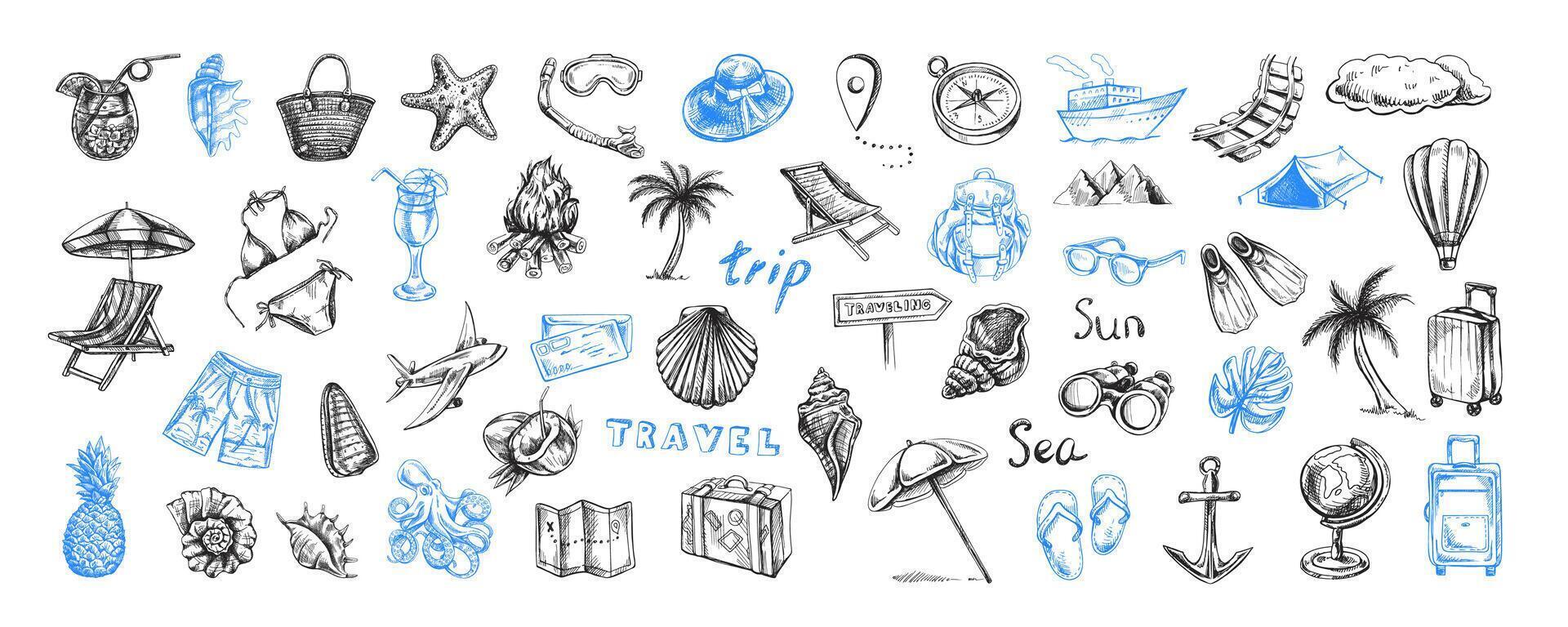 un' impostato di disegnato a mano schizzi con immagini di viaggio. badge per turismo e campeggio. un' clipart con elementi di viaggiare, borse, trasporto, carta geografica, palma albero, conchiglie, bikini. vettore