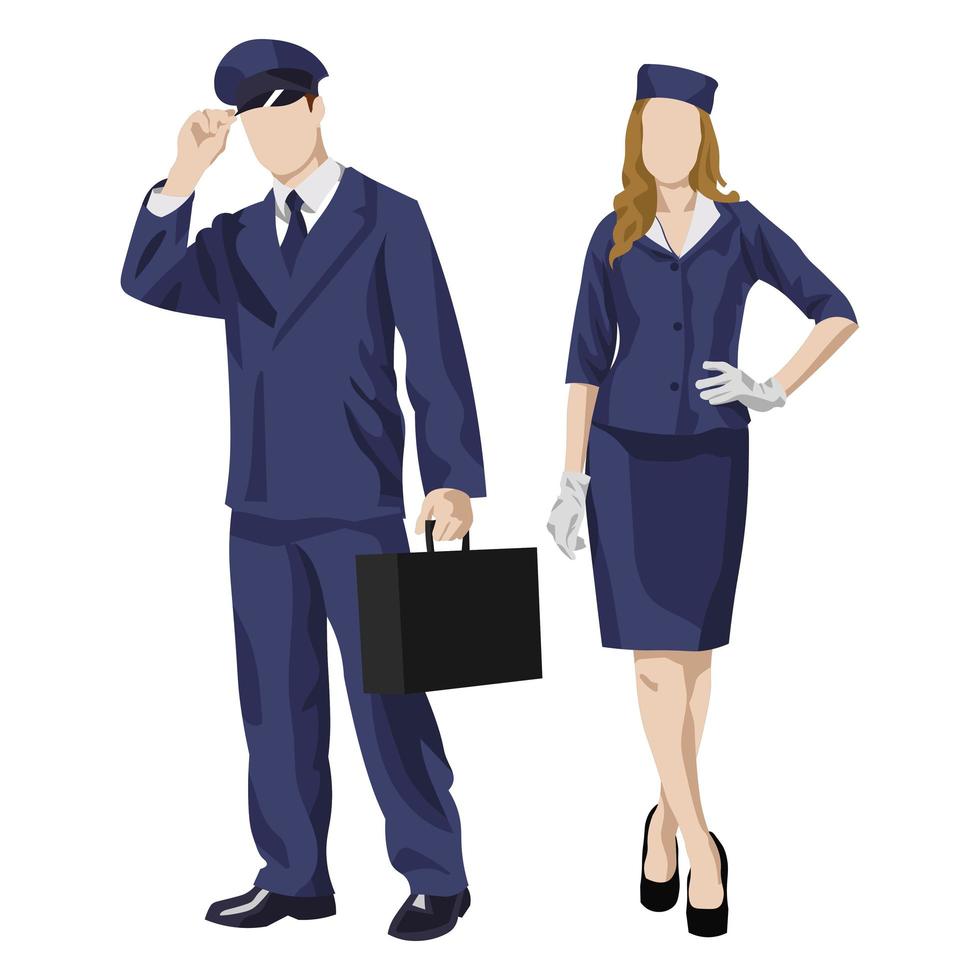 Pilota e hostess in uniforme su sfondo bianco - vector