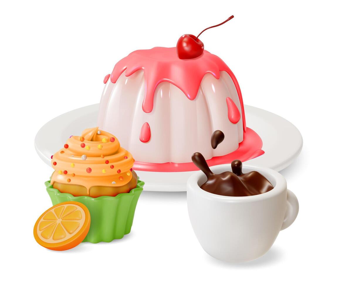 3d panna cotta con ciliegia, Cupcake e tazza caffè spruzzo dolce dolce cibo cartone animato vettore