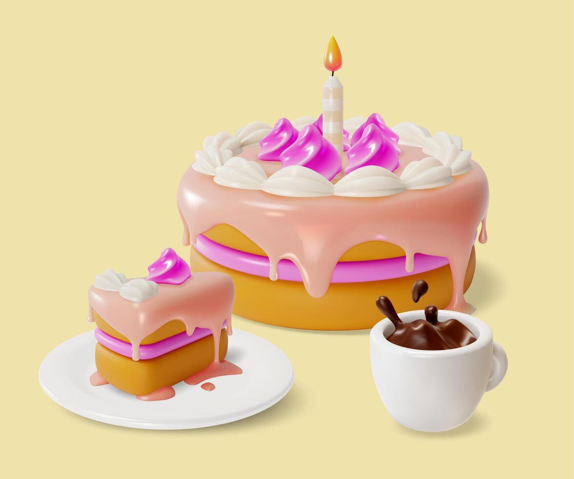 3d compleanno torta con candela e tazza caffè spruzzo cartone animato vettore