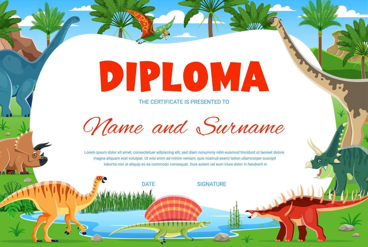 bambini diploma. divertente cartone animato dinosauri personaggi vettore