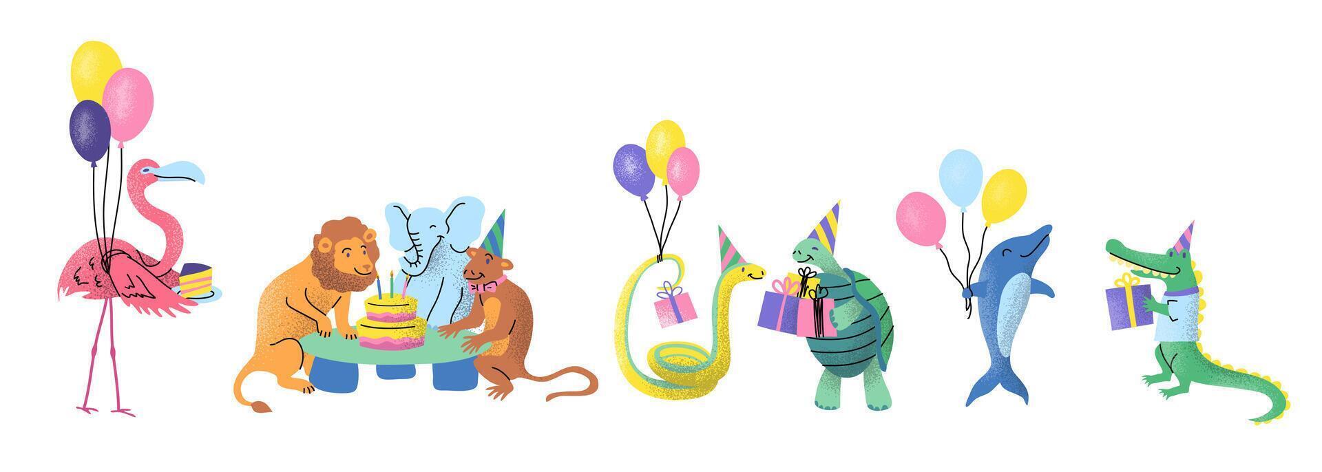 cartone animato colore personaggi divertente animali compleanno festa concetto vettore