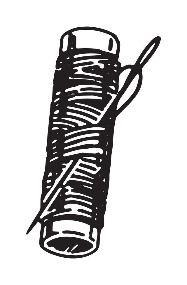 schizzo di bobina di filo con ago. utensili per cucire opera, sarto scarabocchio. schema illustrazione nel retrò incisione stile. vettore