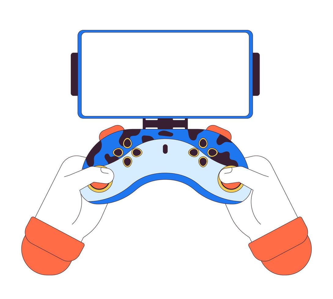 Telefono titolare per gioco controllore lineare cartone animato personaggio mani illustrazione. gamepad smartphone vuoto schermo schema 2d Immagine, bianca sfondo. urgente pulsanti modificabile piatto colore clipart vettore