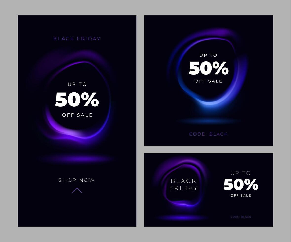 nero Venerdì vendita illustrazione con neon raggiante onda e copia spazio. 50 per cento spento. fluorescente il giro telaio. modello per striscione, sito web, negozio, sconto, negozio, attività commerciale, promo, app. vettore