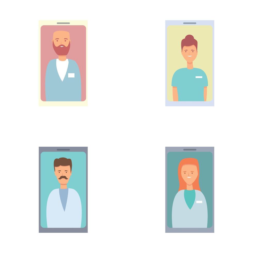 in linea assistenza sanitaria icone impostato cartone animato . App per in linea consultazione su Telefono vettore