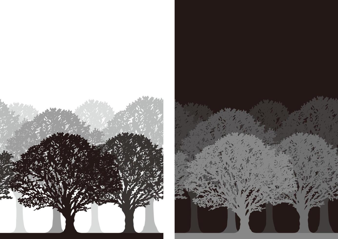 monocromatico giorno e notte tempo senza soluzione di continuità foresta silhouette illustrazione impostato con testo spazio. orizzontalmente ripetibile. vettore