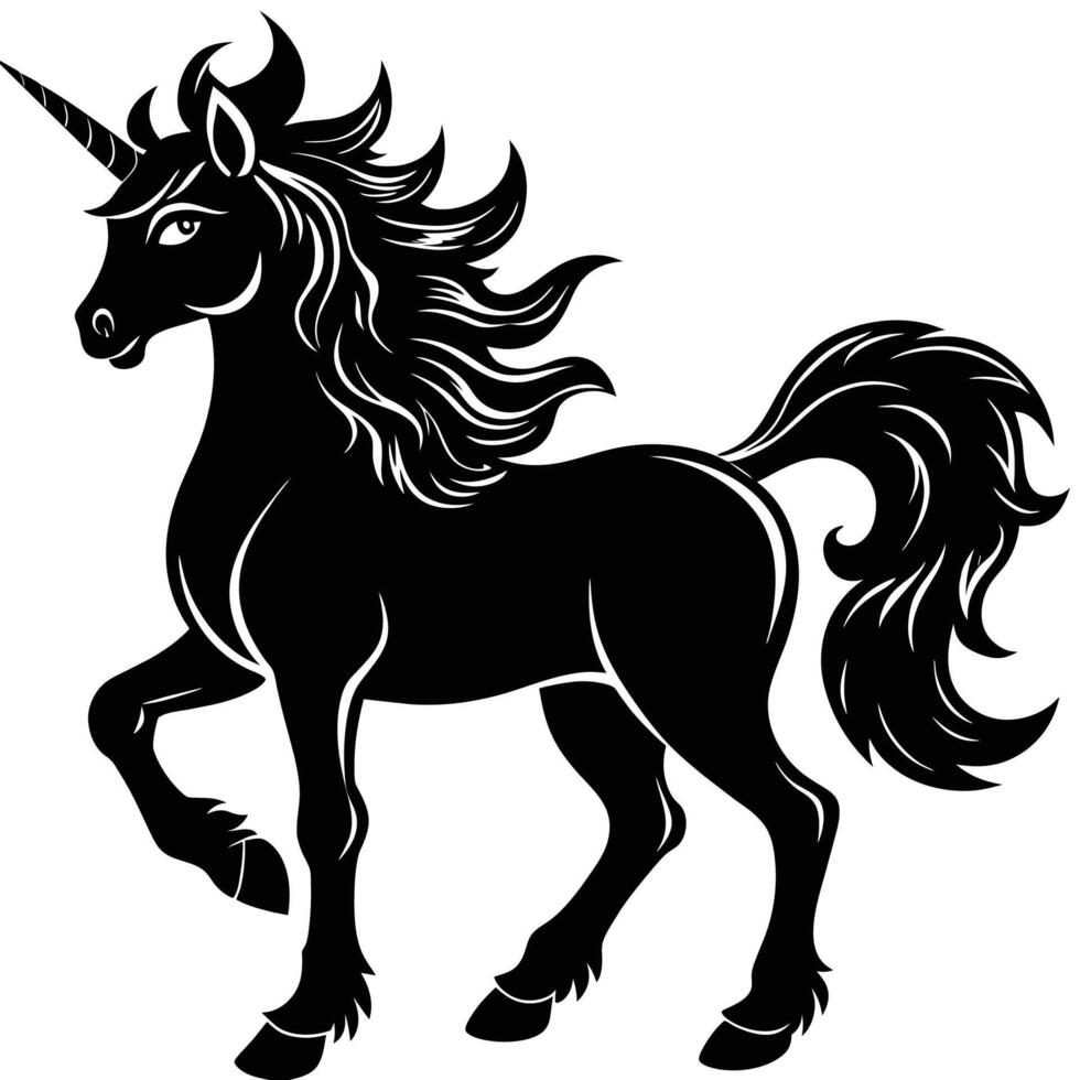 magico unicorno silhouette nero e bianca vettore