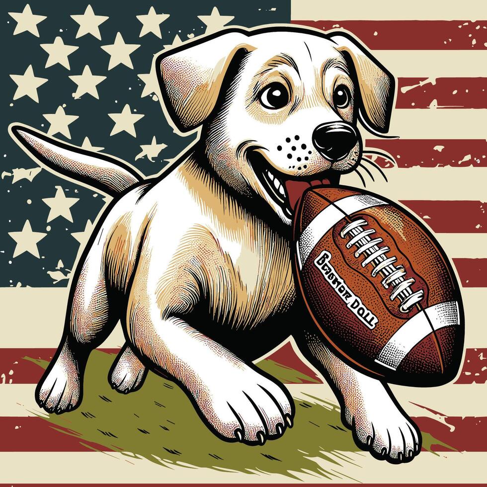 un' carino cane Tenere un americano calcio e bandiera inciso Vintage ▾ stile vettore