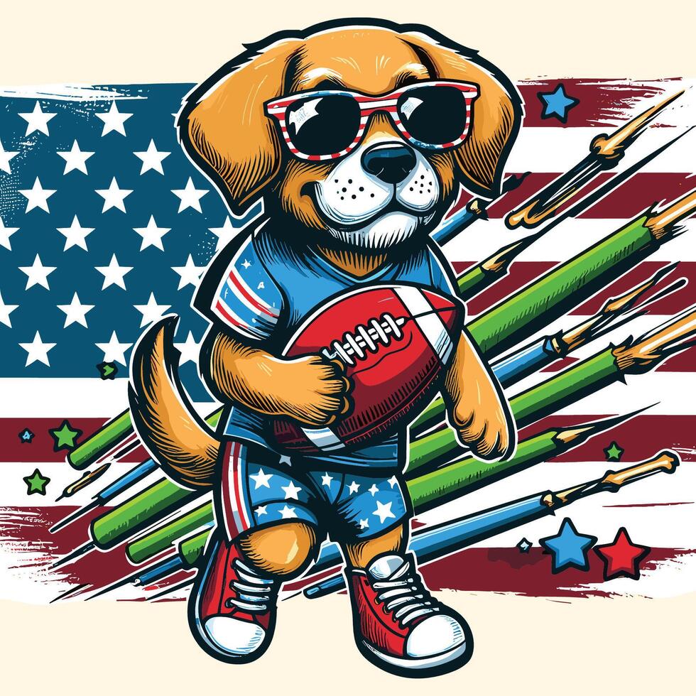 un' cane personaggio in piedi e Tenere americano calcio con bandiera vettore