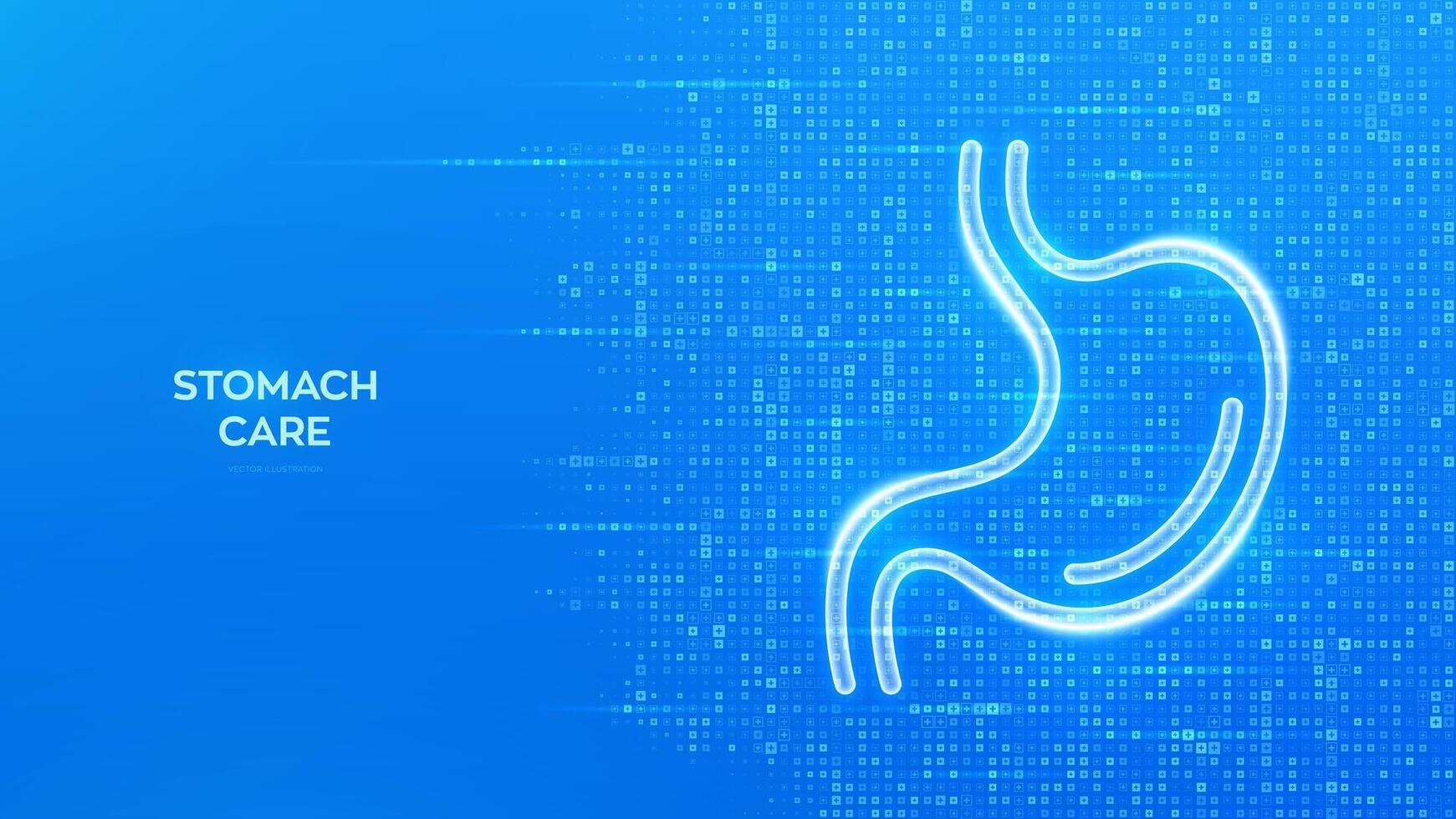 stomaco cura. trattamento di stomaco e digestivo sistema malattie. stomaco icona. gastroenterologia clinica medico striscione. blu medico sfondo fatto con attraversare forma simbolo. illustrazione. vettore