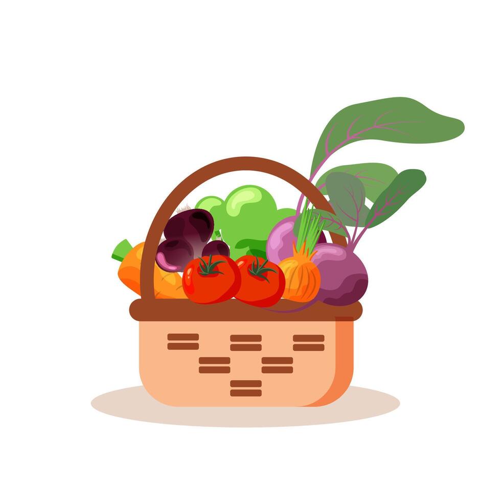 luminosa illustrazione con verdure come carota, broccoli, cipolla, barbabietola, pomodoro e aglio nel un' cestino. vettore