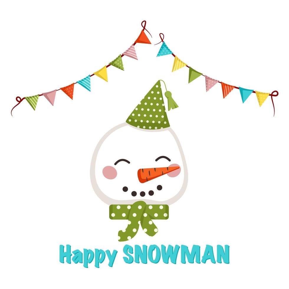 simpatico pupazzo di neve bianco in stile bambini con decorazioni festive per le vacanze. personaggio divertente con faccina felice, berretto, fiocco e ghirlanda di bandiere. illustrazione vettoriale piatta