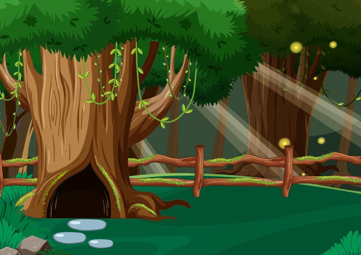 sfondo foresta fantasia con albero cavo vettore