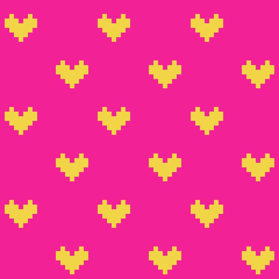 senza soluzione di continuità modello di giallo pixel cuori con su un' rosa sfondo, 8 bit vettore