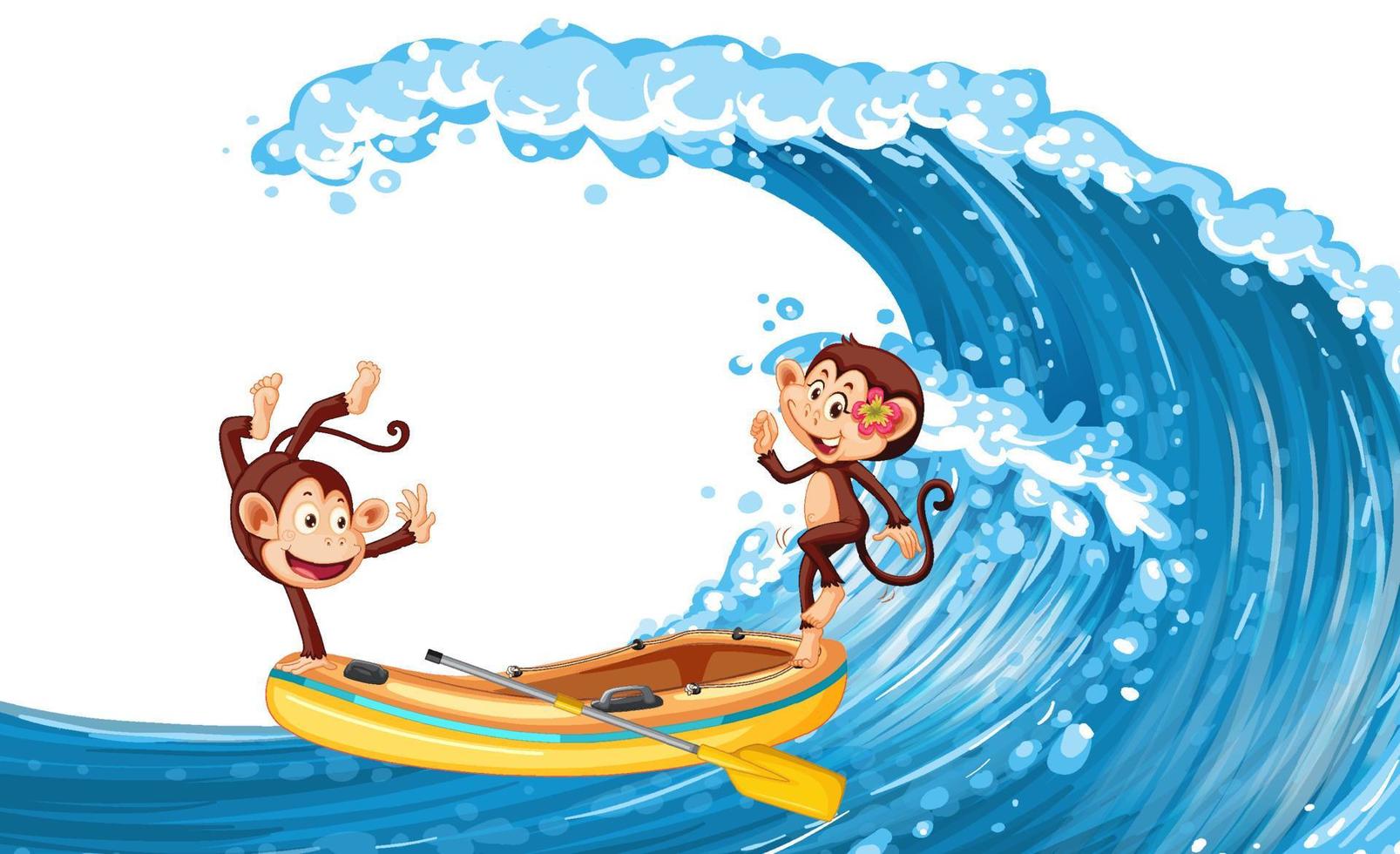scimmie felici che ballano su un gommone sull'onda dell'oceano vettore