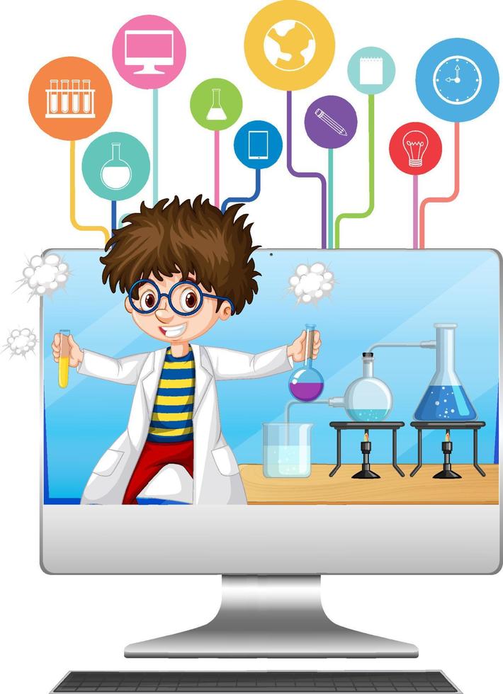computer con personaggio dei cartoni animati bambino scienziato vettore