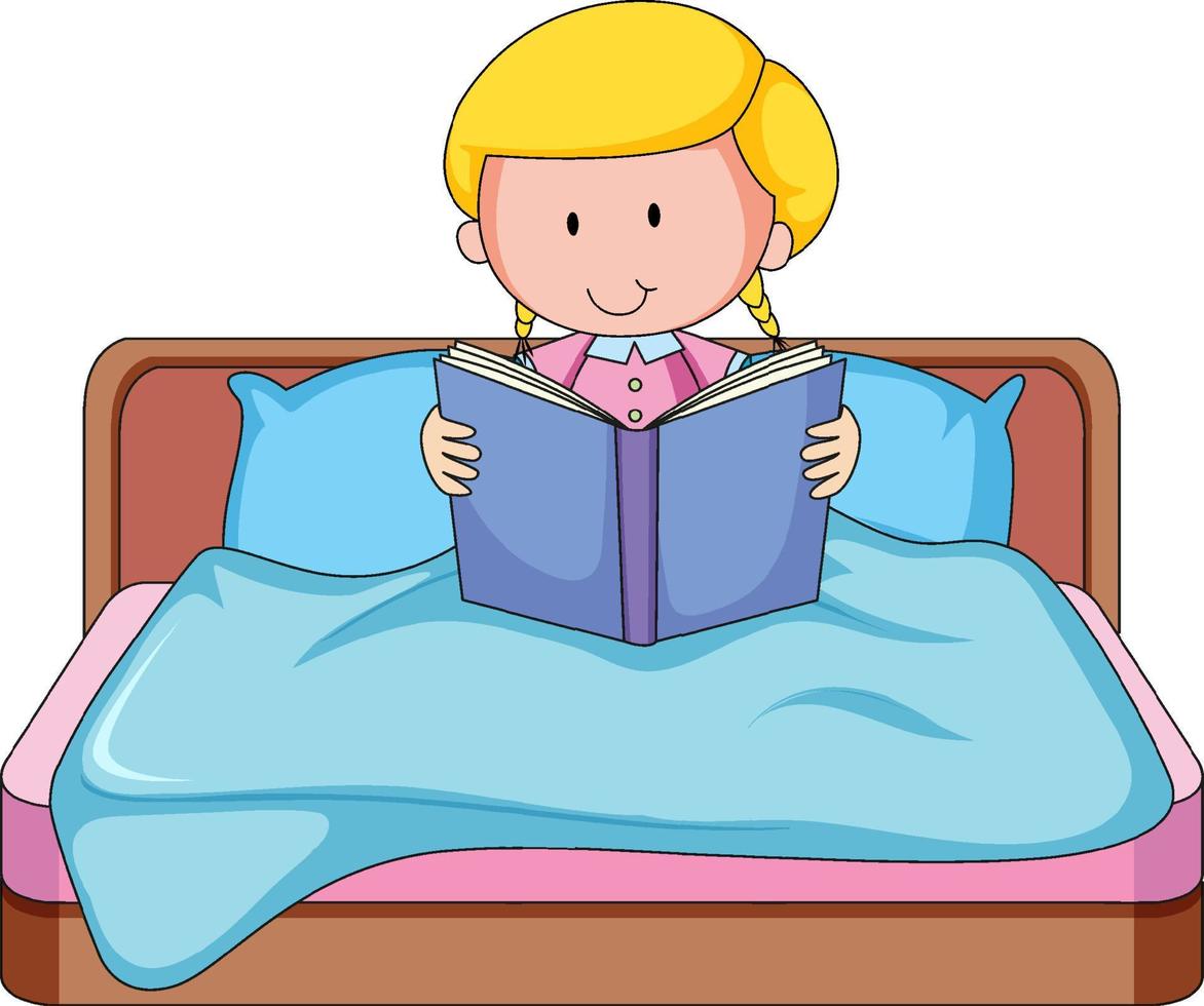 bambina che legge un libro di racconti sul letto vettore