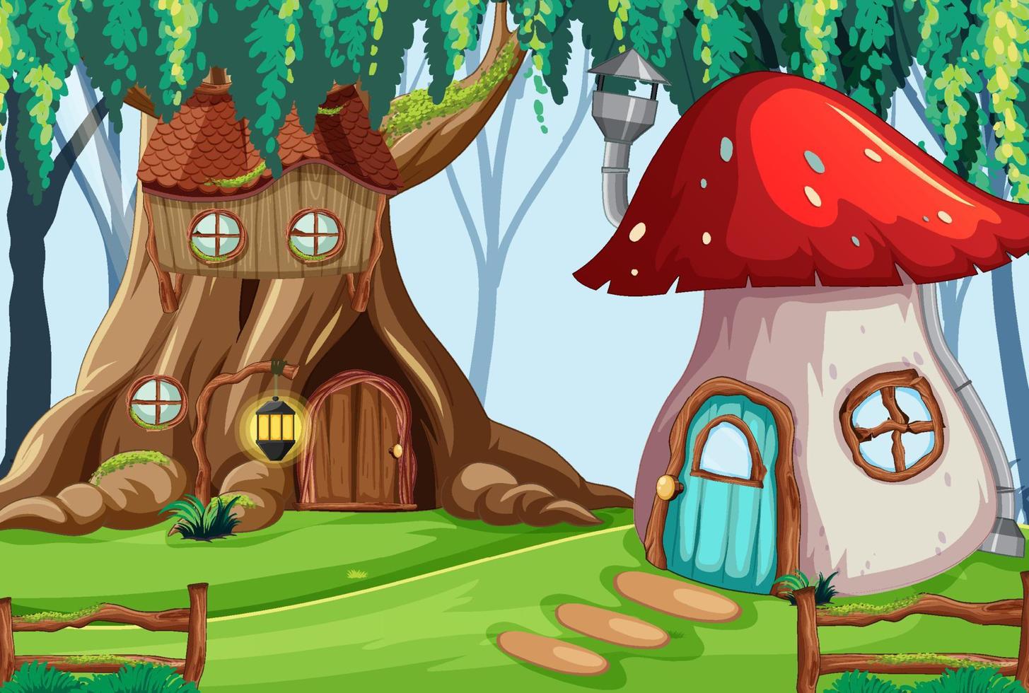 casa sull'albero cavo e casa dei funghi nella foresta incantata vettore