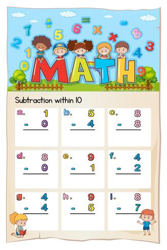 Foglio di lavoro matematico per sottrazione entro dieci vettore