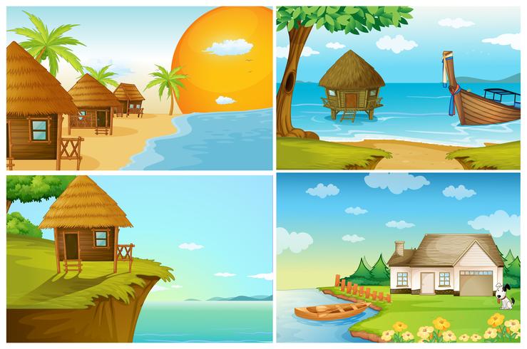 Quattro scene di sfondo con oceano e fiume vettore