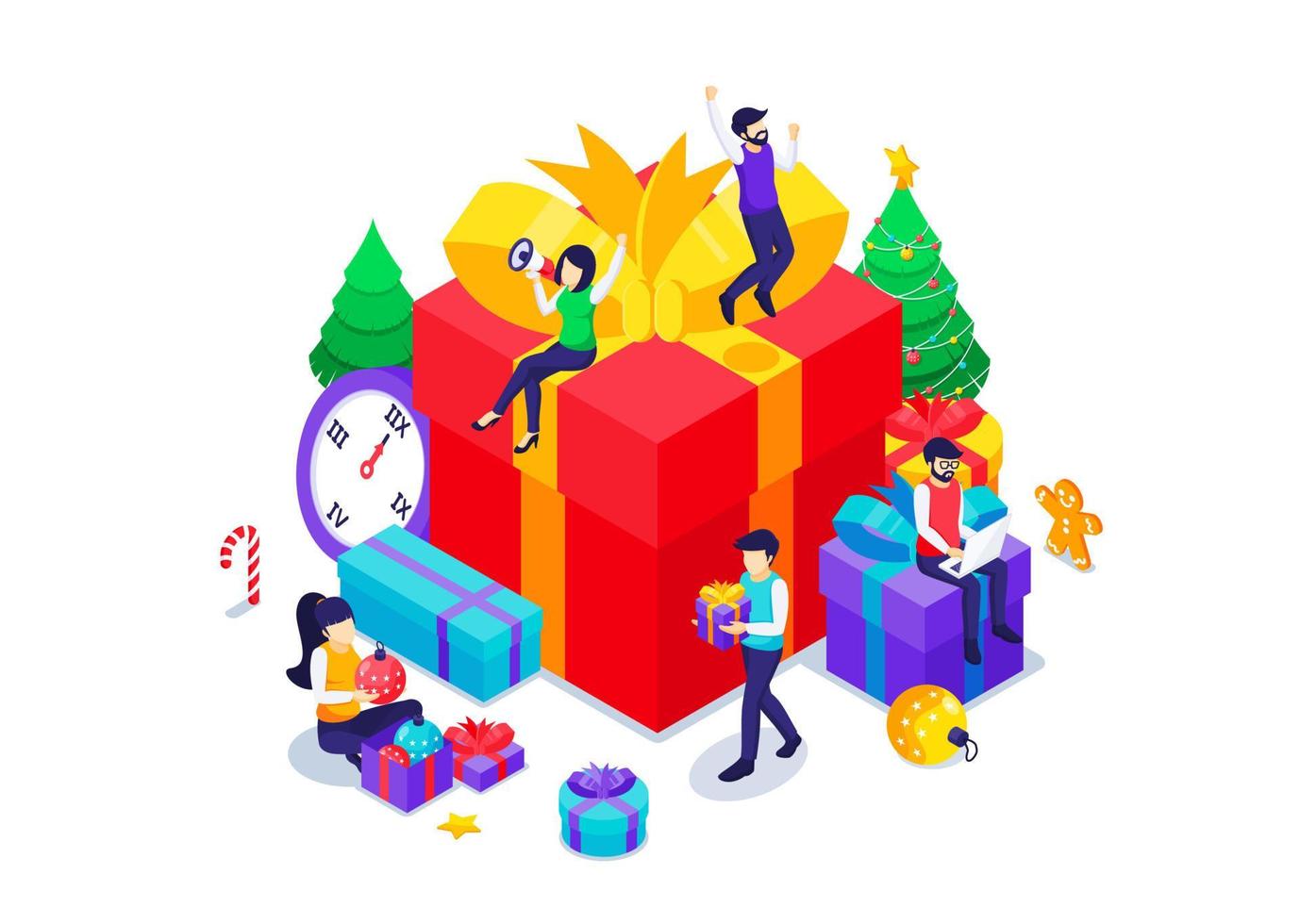 le persone felici celebrano il nuovo anno con scatole regalo, decorazioni per alberi di natale. felice anno nuovo concetto di design. illustrazione vettoriale isometrica