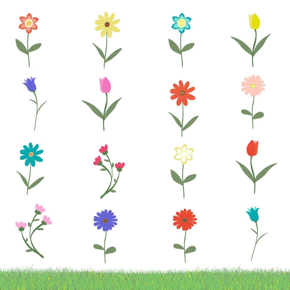 insieme di molti fiori di variazione isolati su fondo bianco con l'illustrazione di vettore del campione dell'erba. fiori felici e carini, disegnati a mano con amore.