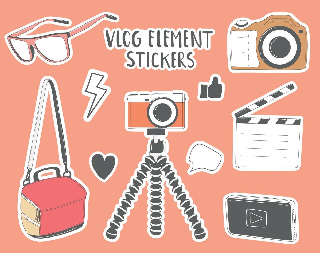 macchina fotograficaAdesivi colorati disegnati a mano con elementi vlog vettore