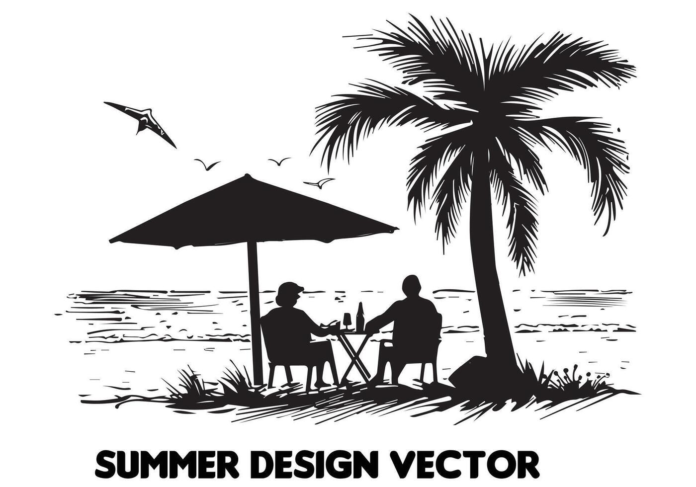 estate design palma albero seduta su sedia davanti tavolo e ombrello uomo gratuito design vettore