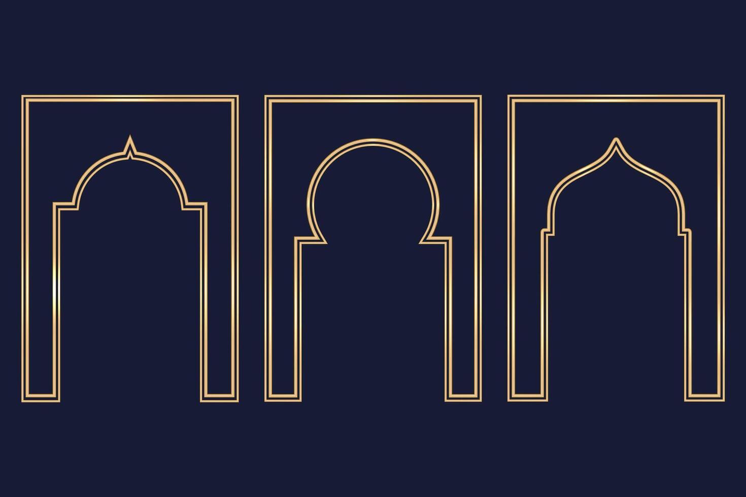 Ramadan islamico arco telaio. musulmano tradizionale porta illustrazione per nozze invito inviare e modelli. d'oro montatura nel orientale stile. persiano finestre forme impostare. vettore
