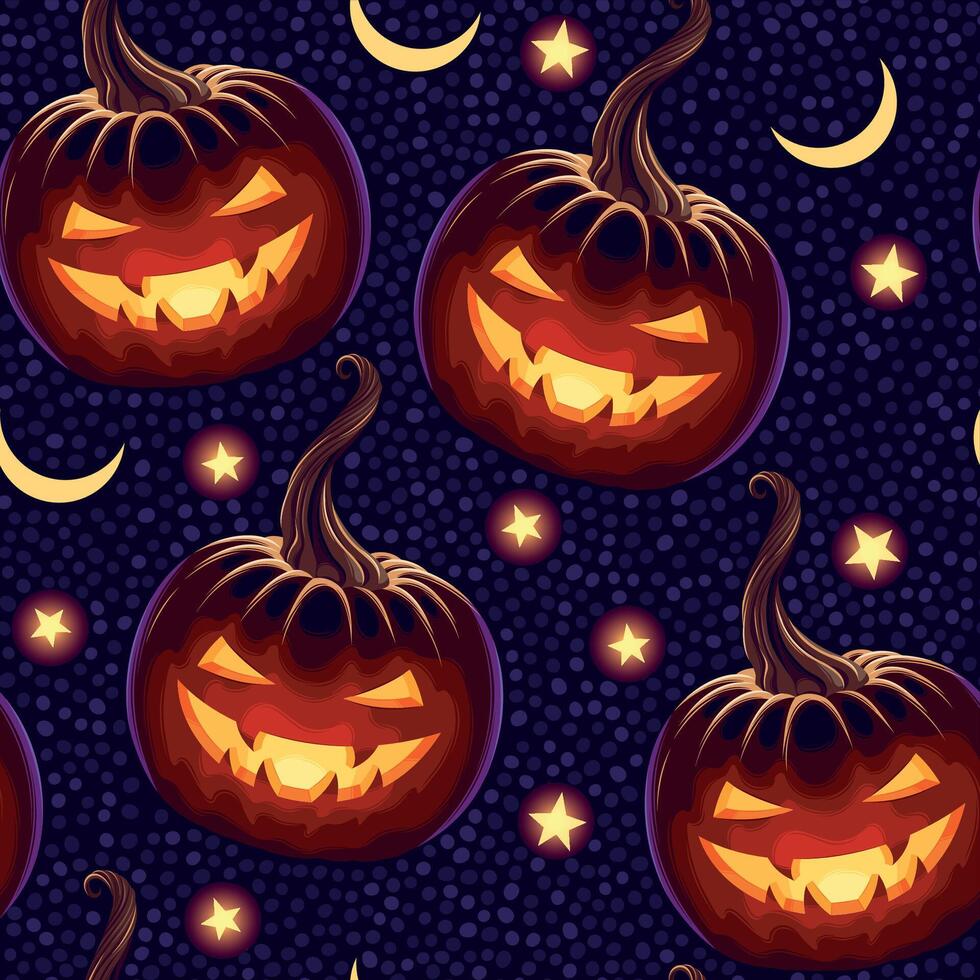 Halloween zucche, Luna e stelle senza soluzione di continuità modello vettore