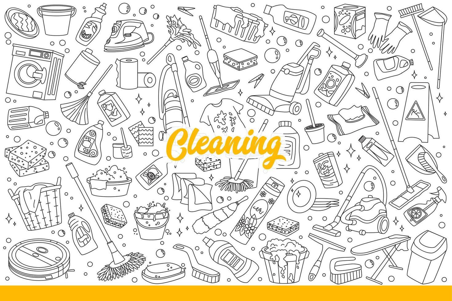 appartamento pulizia attrezzatura e sostanze chimiche per lavaggio o macchia rimozione. mano disegnato scarabocchio. vettore