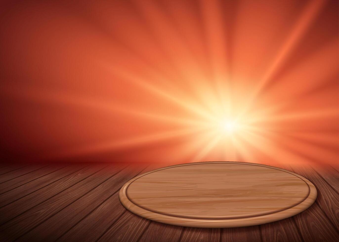 di legno tavolo Schermo sfondo. 3d illustrazione di un' di legno il giro piatto su di legno superficie con sunburst su rosso sfondo vettore
