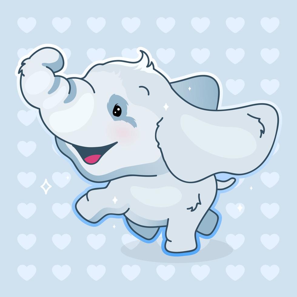 simpatico elefantino kawaii personaggio vettoriale dei cartoni animati. adorabile e divertente animale sorridente che gode di adesivo isolato, patch. anime elefante felice emoji su sfondo blu