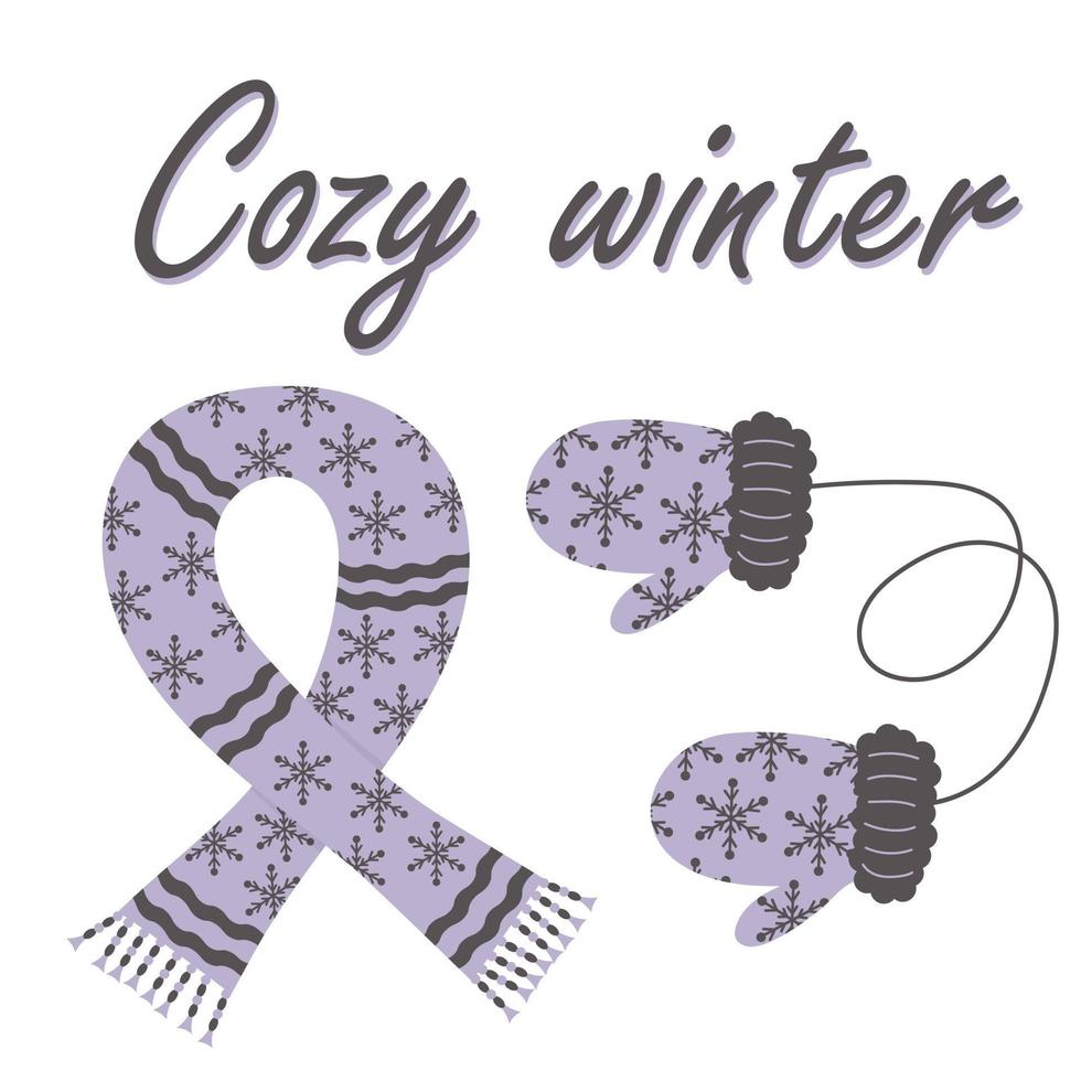 accogliente testo invernale con sciarpa e guanti lavorati a maglia. vettore